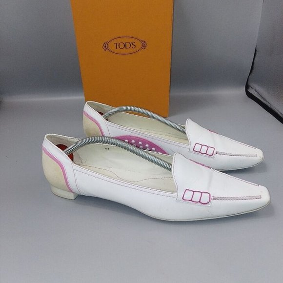 TOD'S White Leather Flat Shoes Size UK 8 EU 41 Eve Sport Pointed Toe Pink-Stitch - Picture 4 of 10